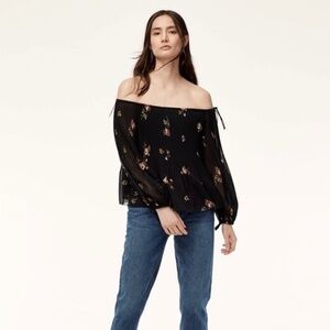 Aritzia WILFRED Talence Black Floral Off Shoulder Top Blouse Cottagecore Small